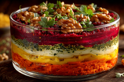 Постный слоеный салат: яркий вкус без животных жиров