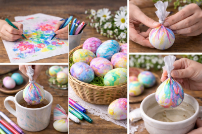 Рисую маркером на салфетке и кутаю яйца: получаются с красивыми разводами — без красителей. Как просто покрасить яйца к Пасхе